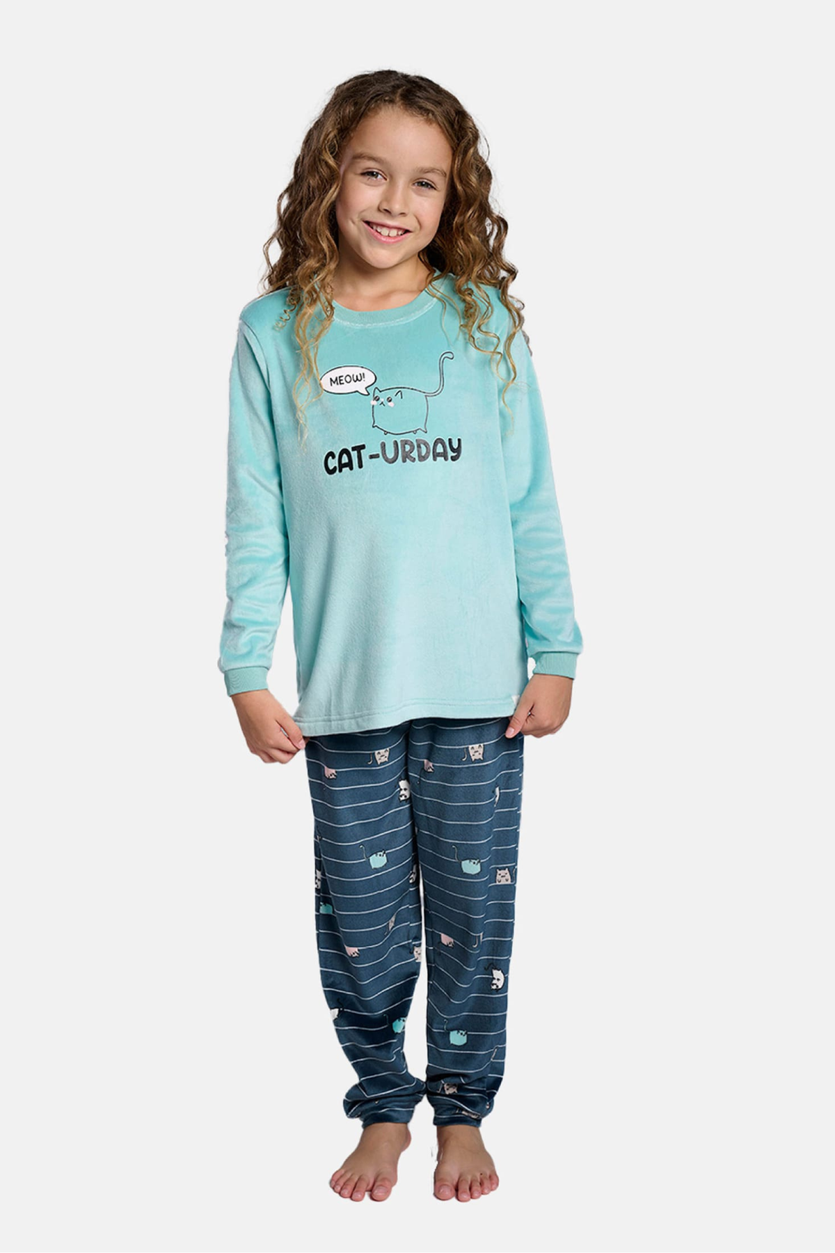 Pijama comprido de menina em veludo cat-urday às riscas
