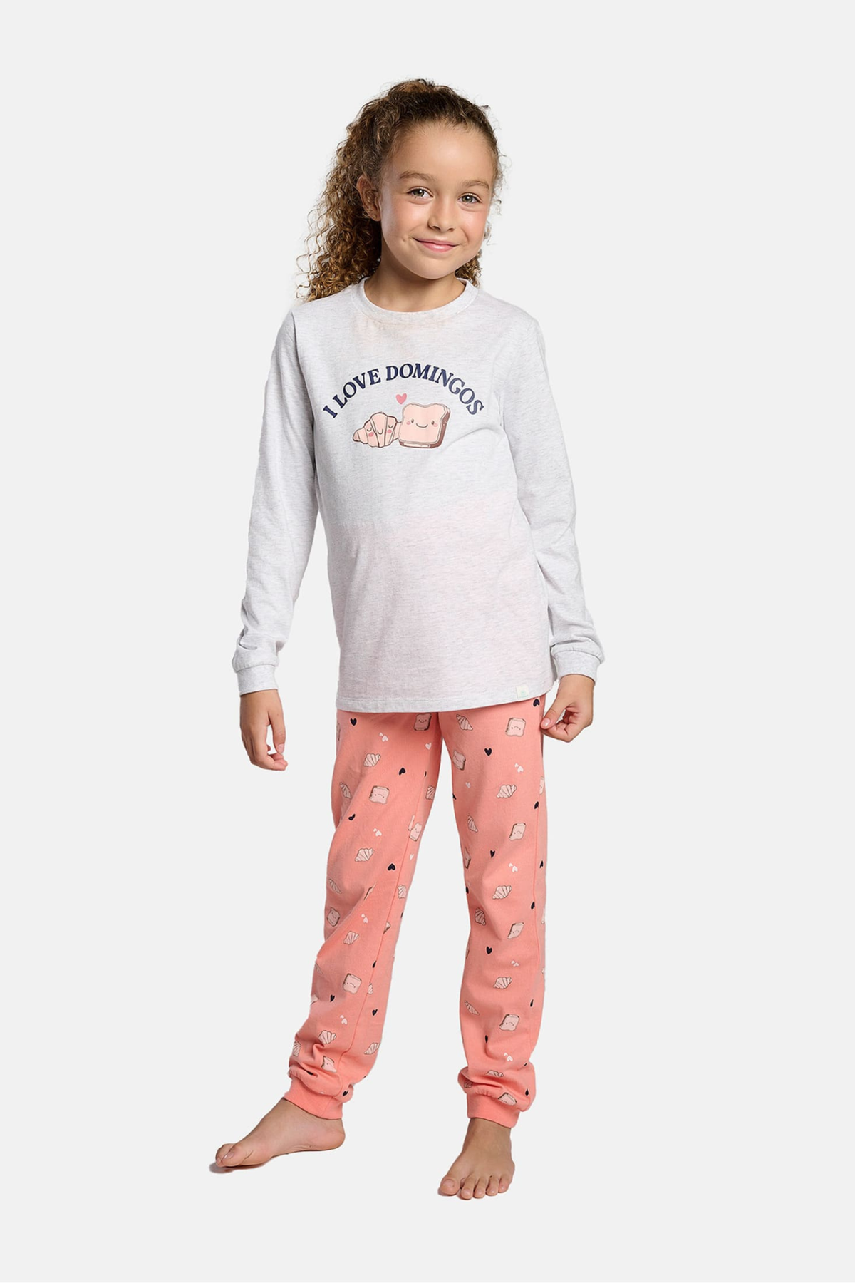 Pijama comprido de menina em algodão estampado I Love Domingos