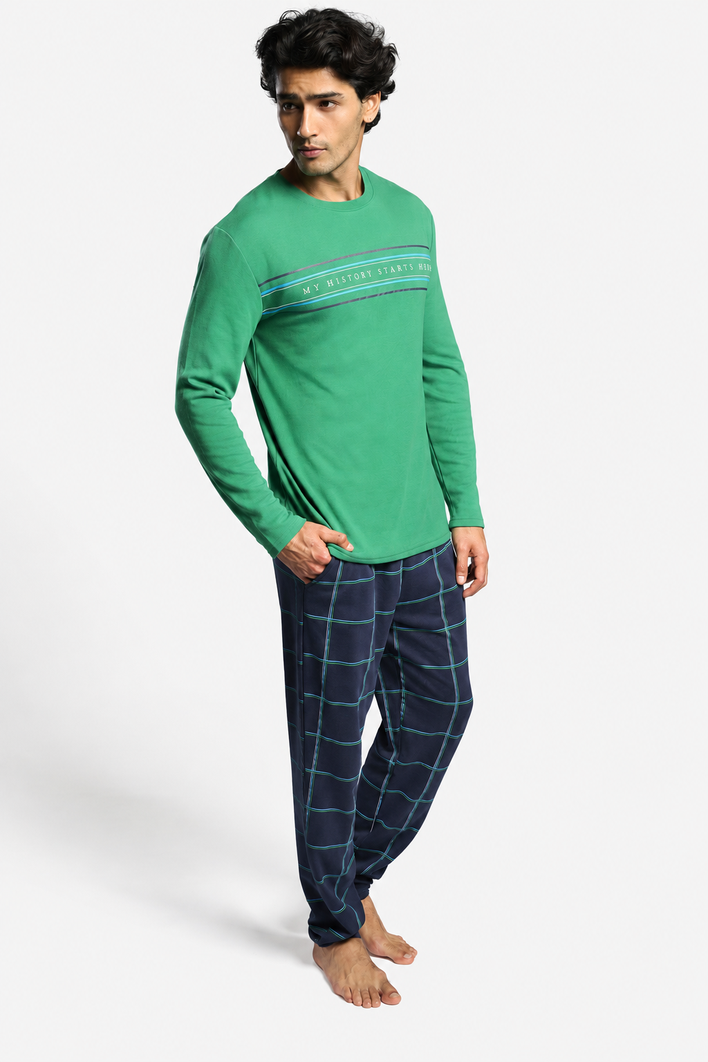 Pijama comprido de homem cardado estampado My History Starts Here
