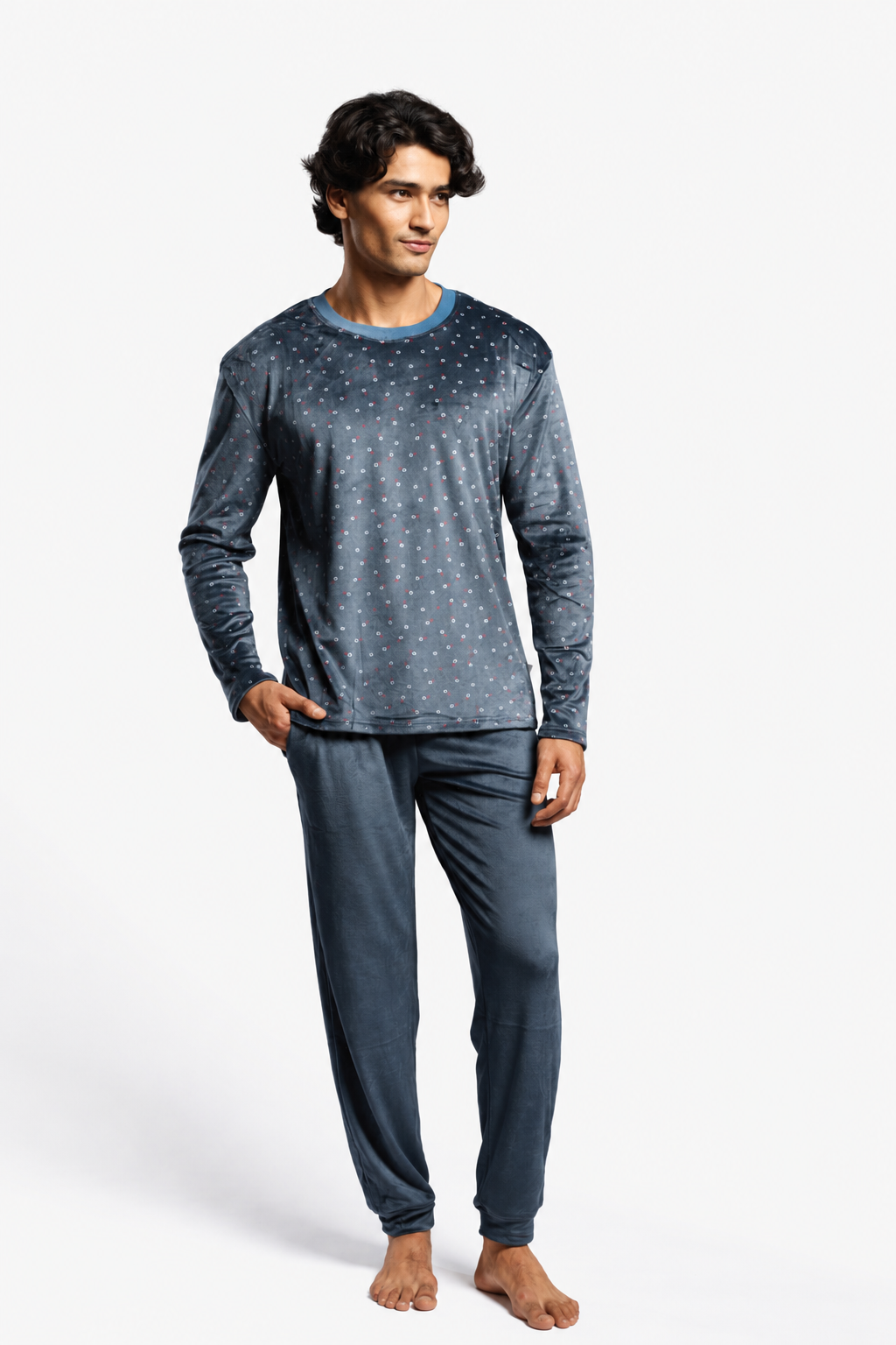 Pijama comprido de homem em veludo estampado de quadrados