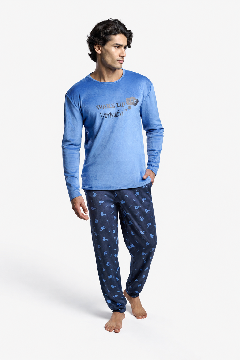 Pijama comprido de homem em veludo estampado Wake Up dorminhoco