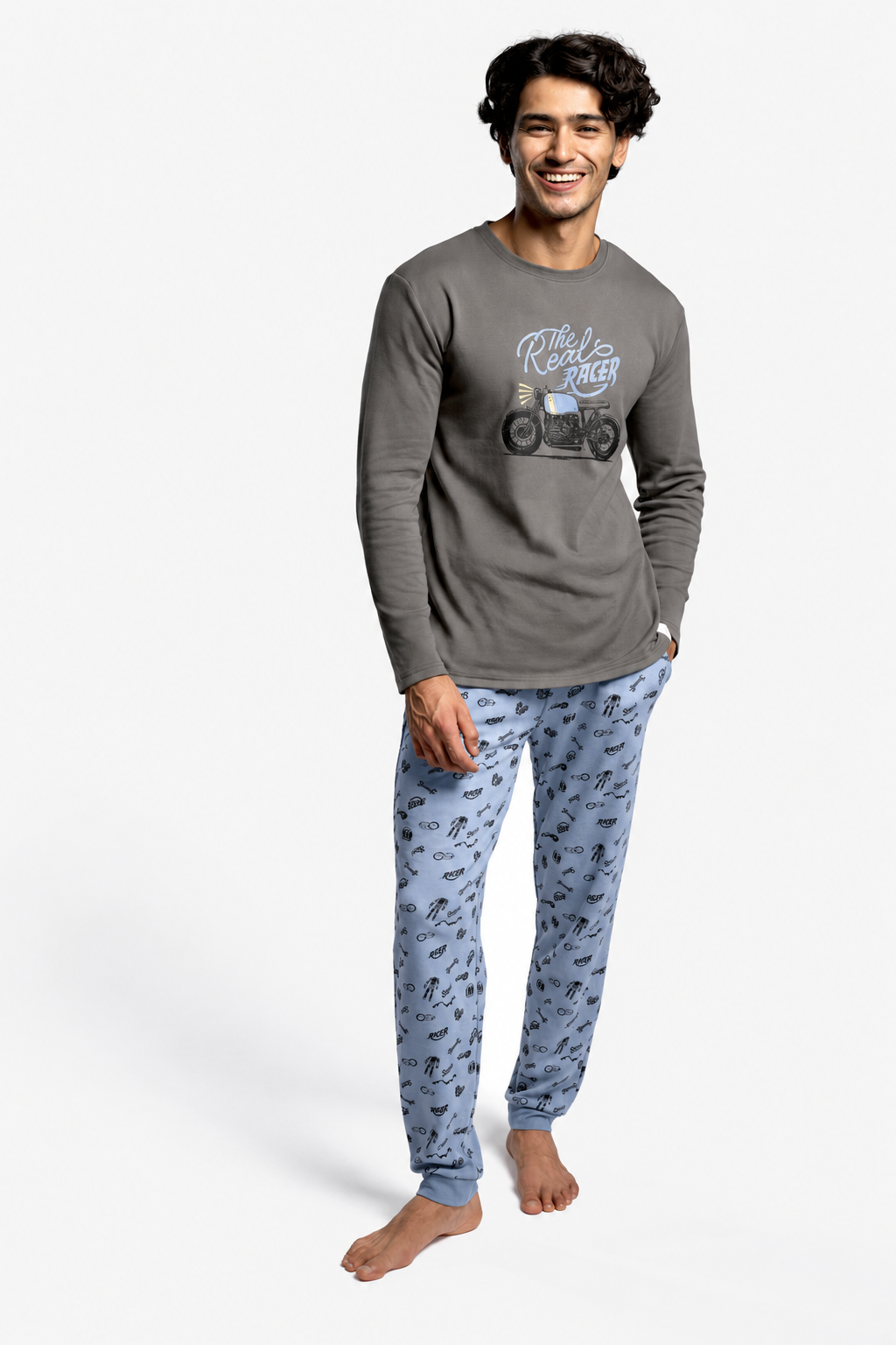 Pijama comprido de homem cardado estampado motard The Real Racer