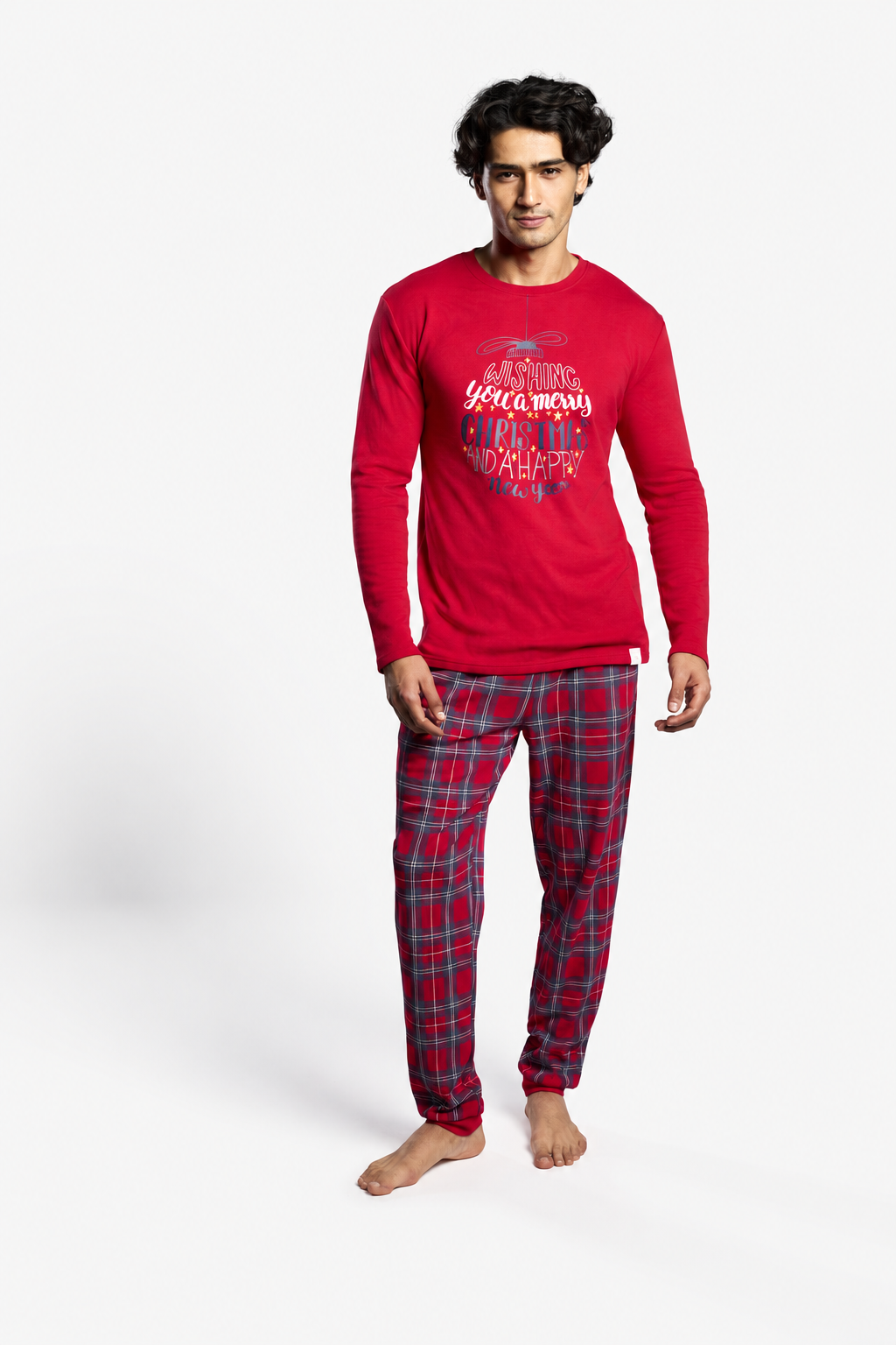 Pijama comprido de homem cardado estampado de Natal Wishing you a Merry Christmas and a Happy New Year