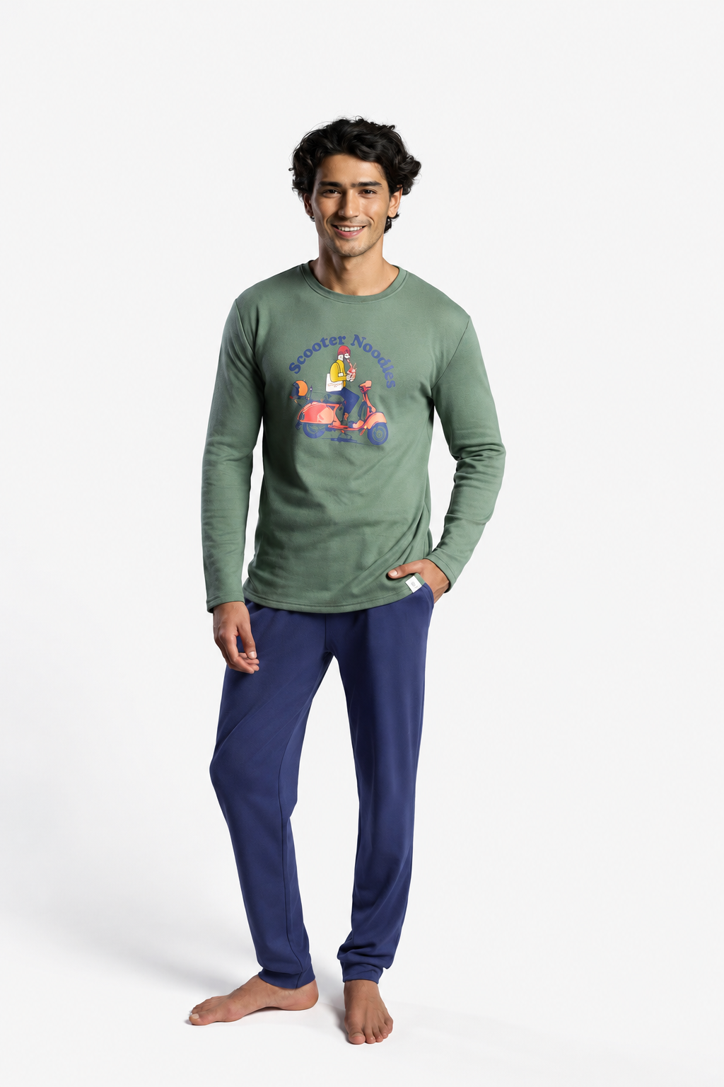 Pijama comprido de homem cardado estampado Scooter Noodles