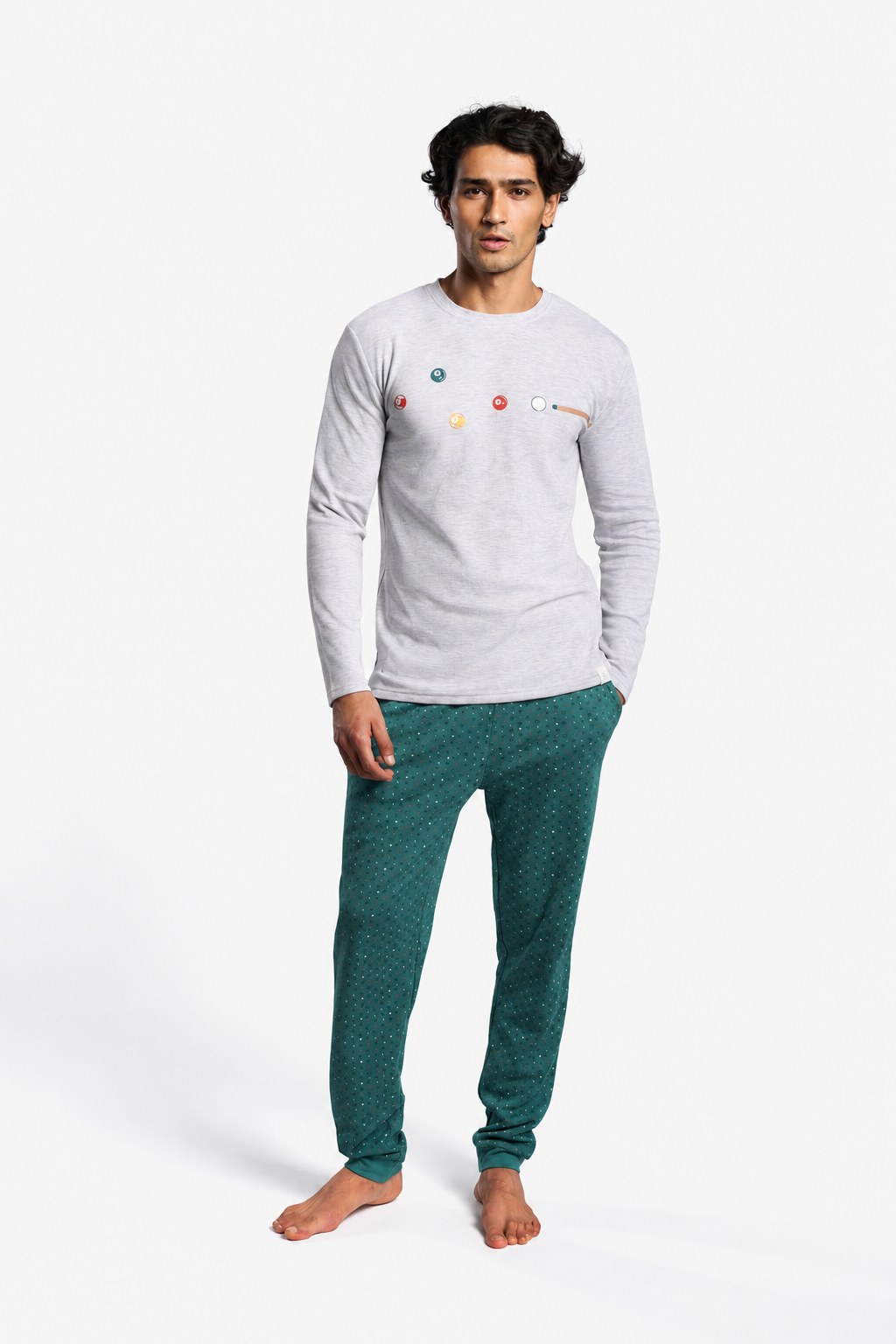 Pijama comprido de homem cardado estampado de bilhar