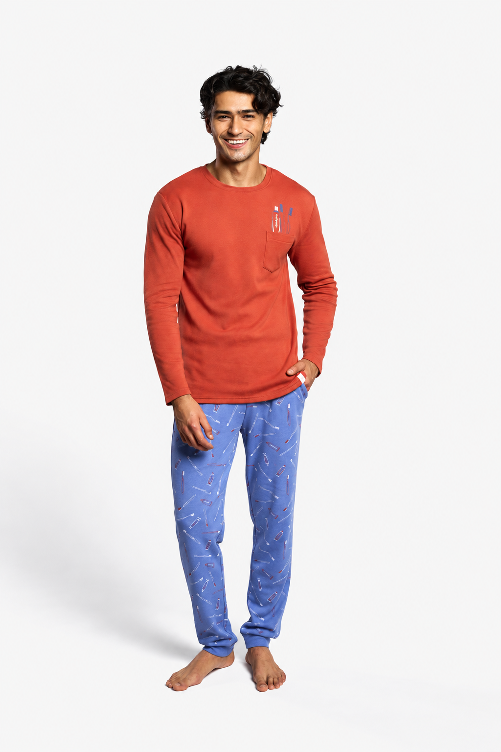 Pijama comprido de homem cardado estampado de talheres