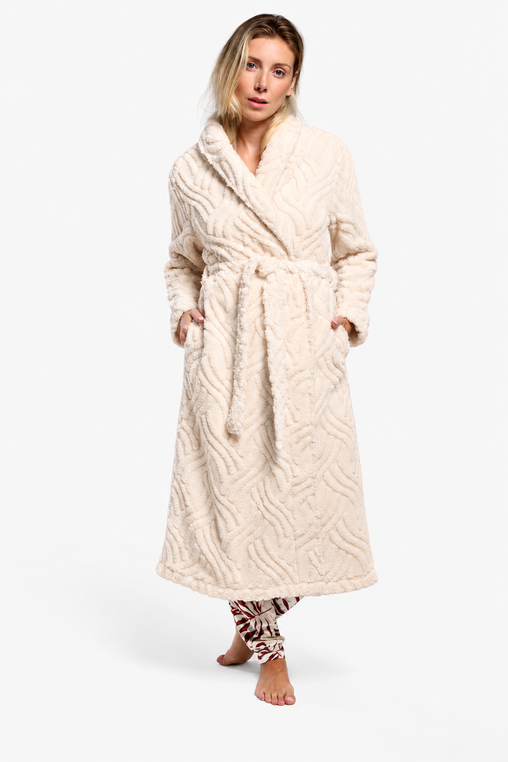 Roupão comprido de mulher polar sherpa branco texturizado marfim