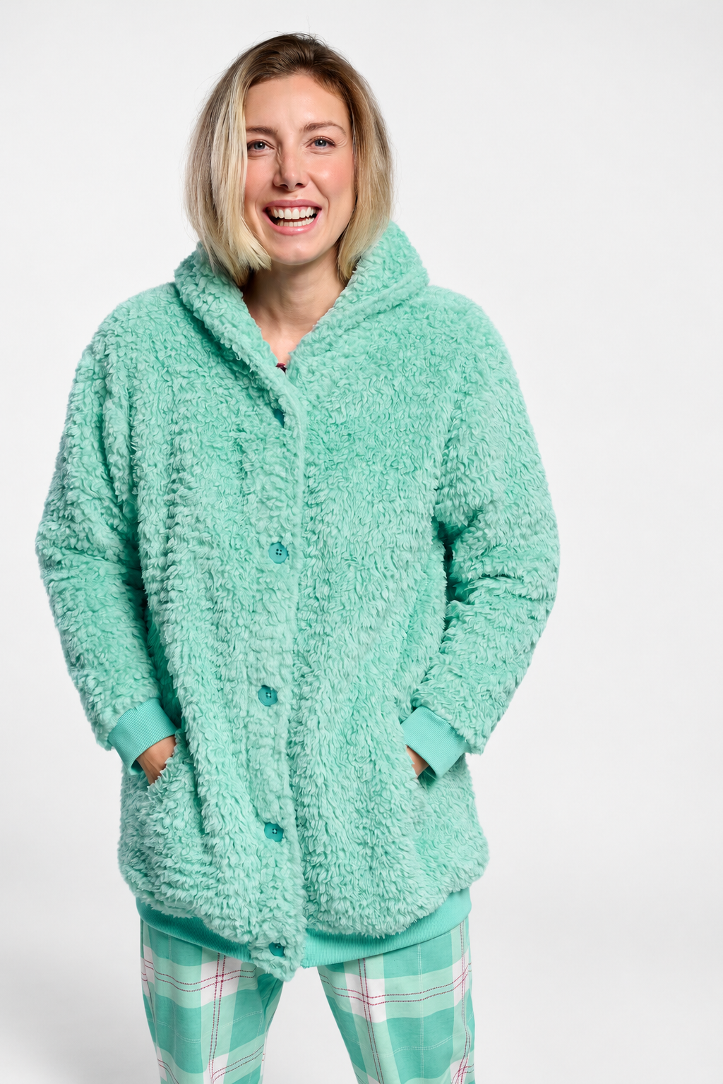 Roupão curto de mulher polar sherpa verde com botões