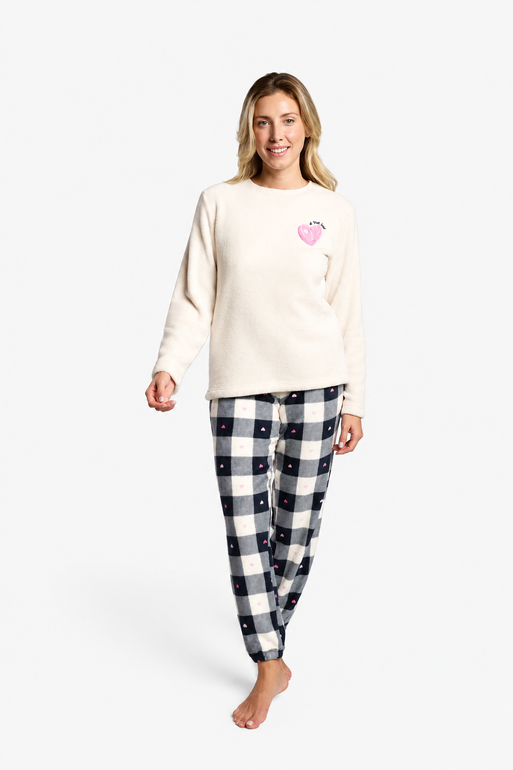 Pijama comprido de mulher polar coral aos quadrados preto e branco
