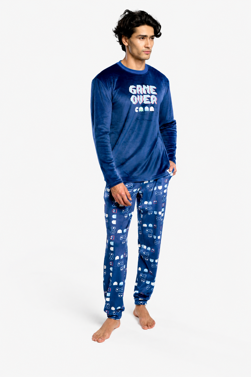 Pijama comprido de homem em veludo estampado Game Over