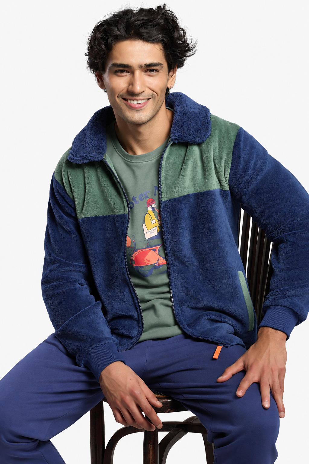 Roupão curto de homem polar sherpa e coral bicolor com fecho de correr