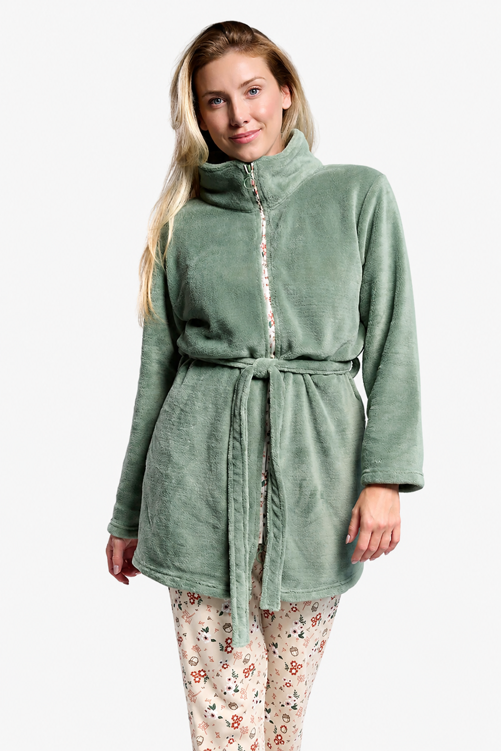 Roupão curto de mulher polar coral verde com fecho e cinto
