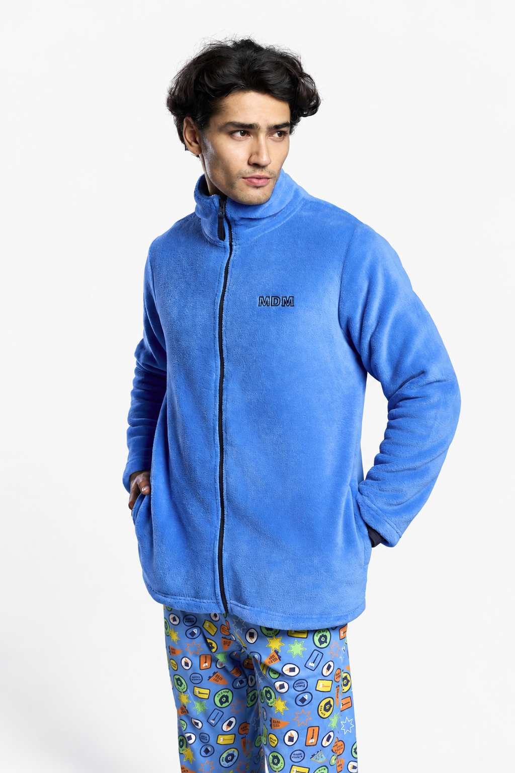 Roupão curto de homem polar coral azul com detalhe bordado