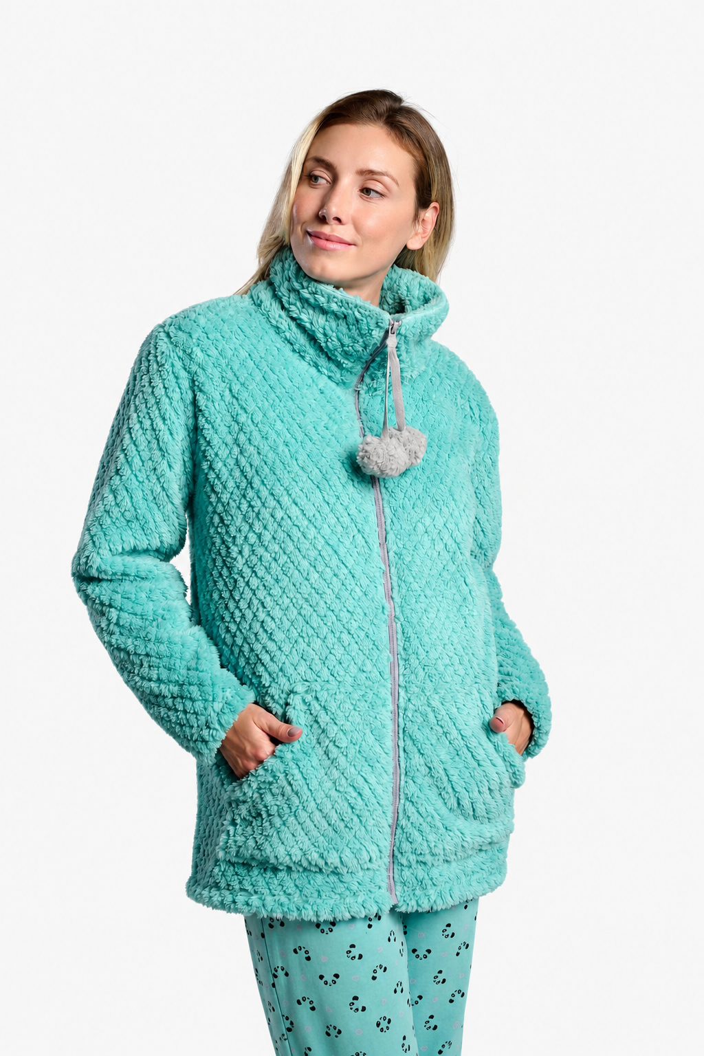 Roupão curto de mulher polar sherpa verde com detalhe de pompons
