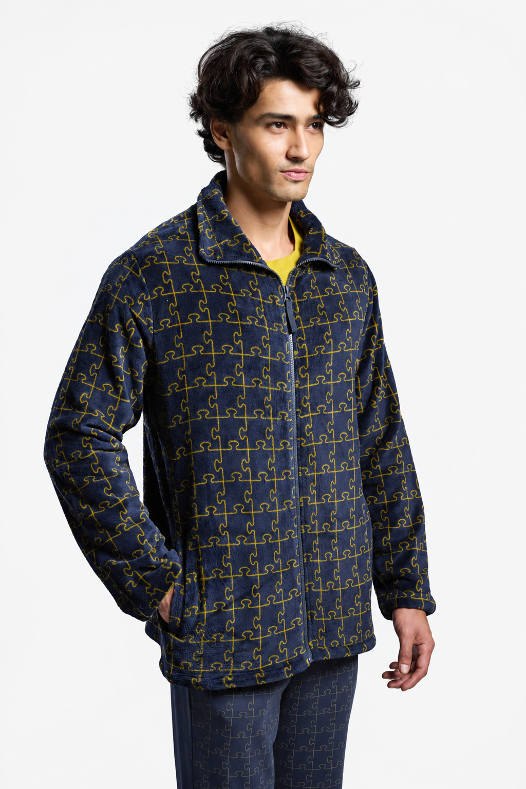 Roupão curto de homem polar coral estampado puzzle