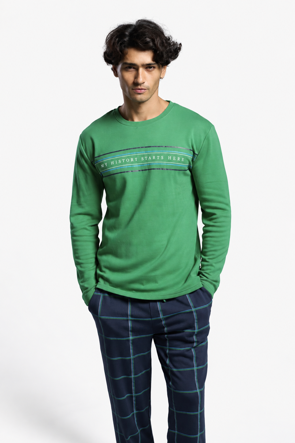 Pijama comprido de homem cardado estampado My History Starts Here