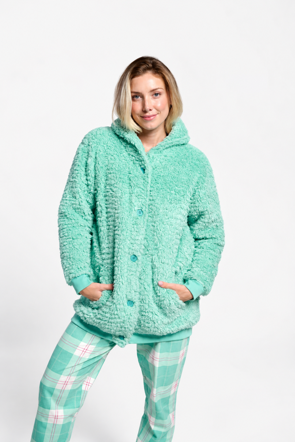 Roupão curto de mulher polar sherpa verde com botões