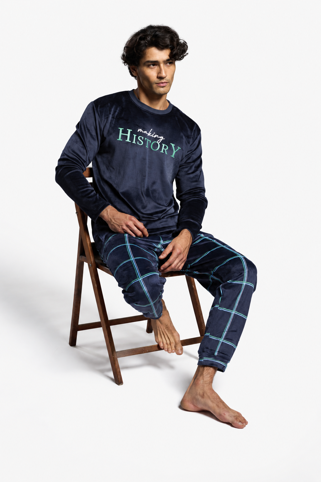 Pijama comprido de homem em veludo Making History aos quadrados