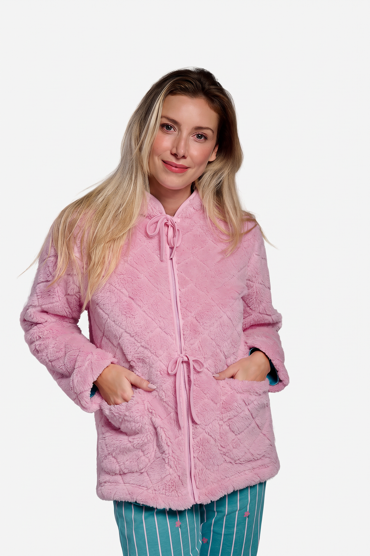 Roupão curto de mulher polar sherpa rosa com detalhes de laços