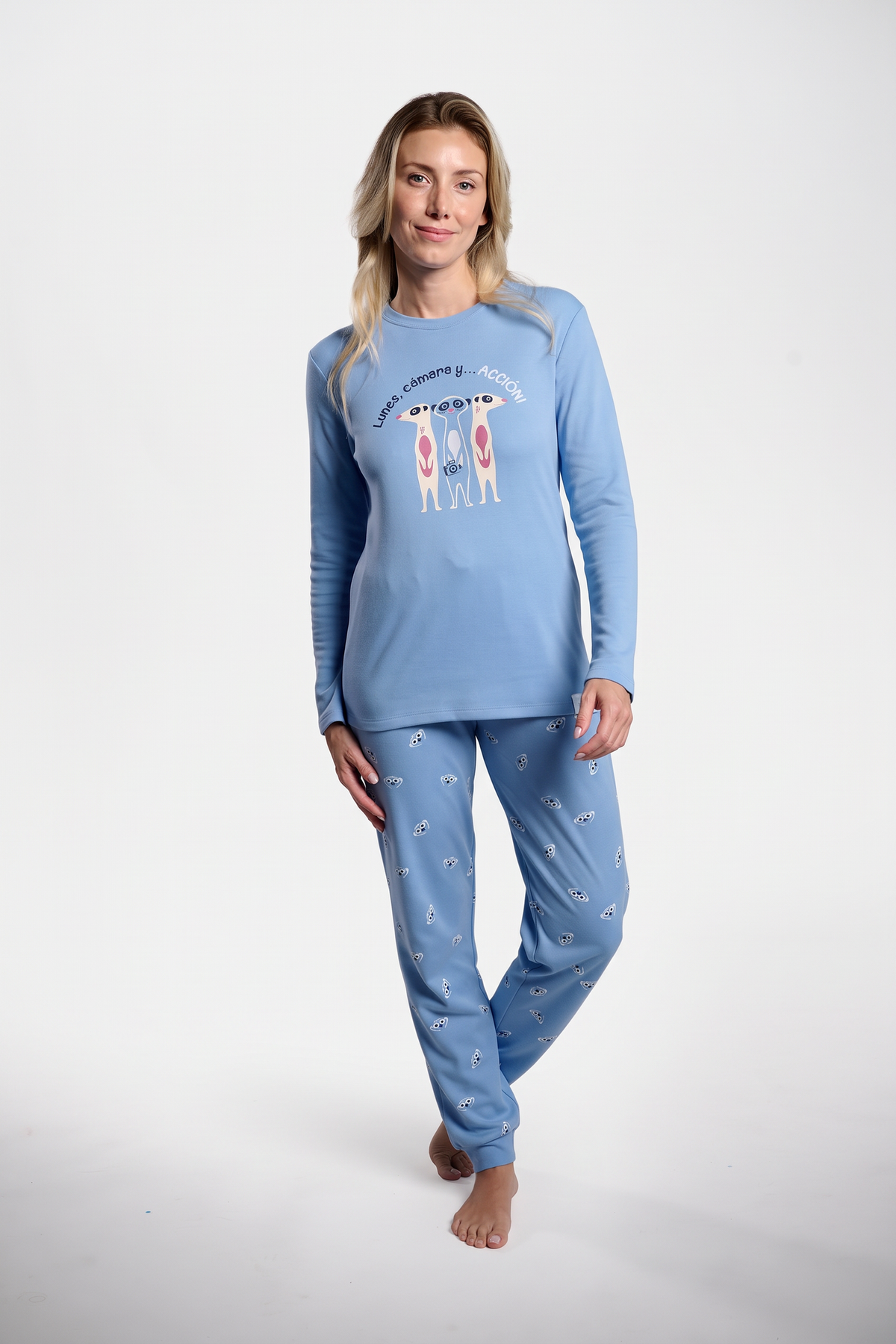 Pijama comprido de mulher cardado azul suricatas