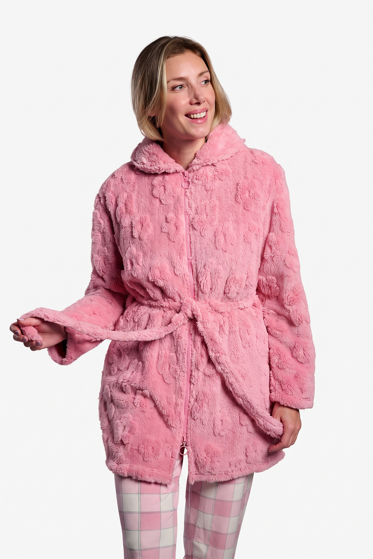 Roupão curto de mulher polar coral rosa texturizado