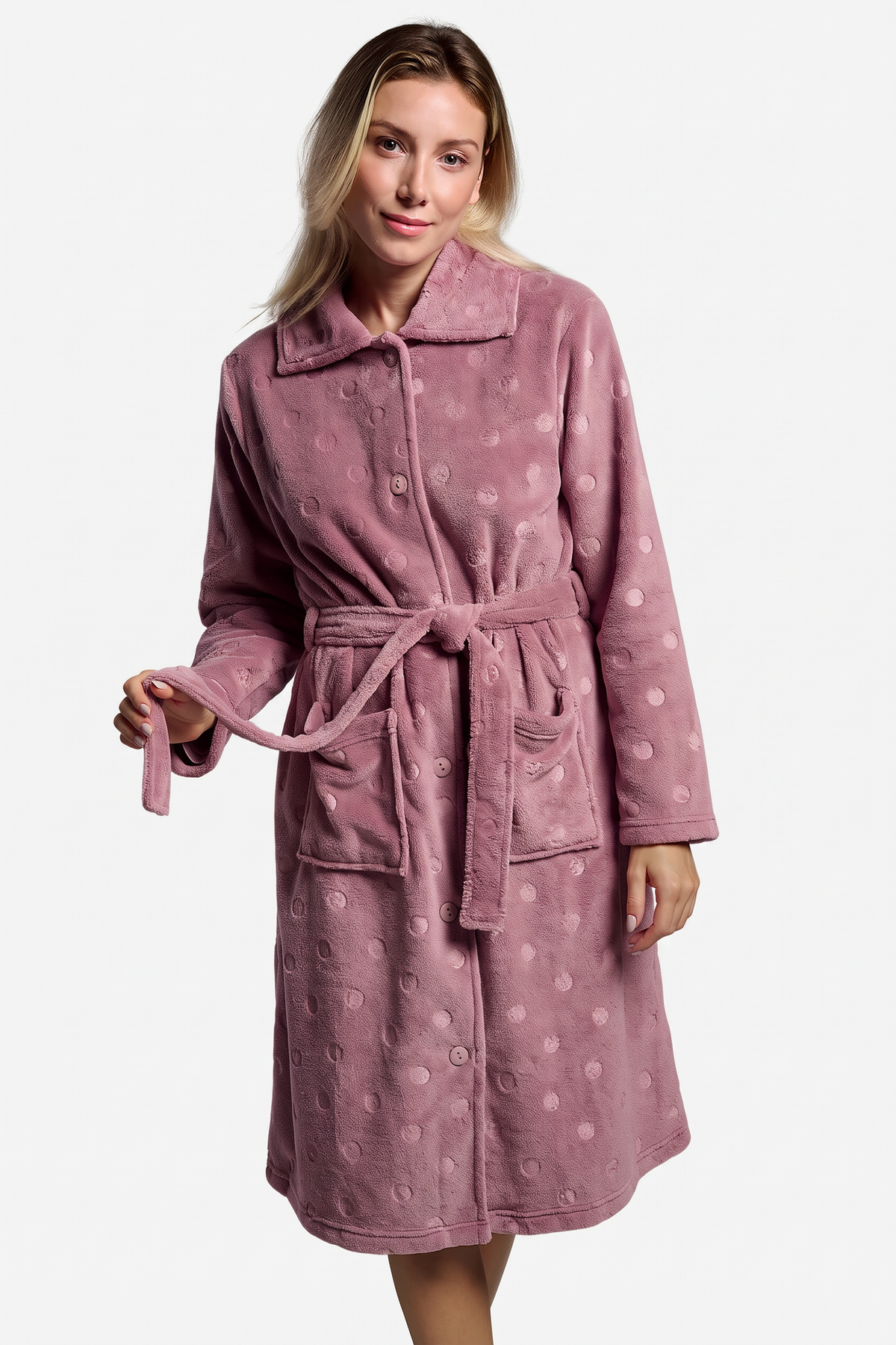 Roupão midi de mulher polar coral rosa às bolinhas