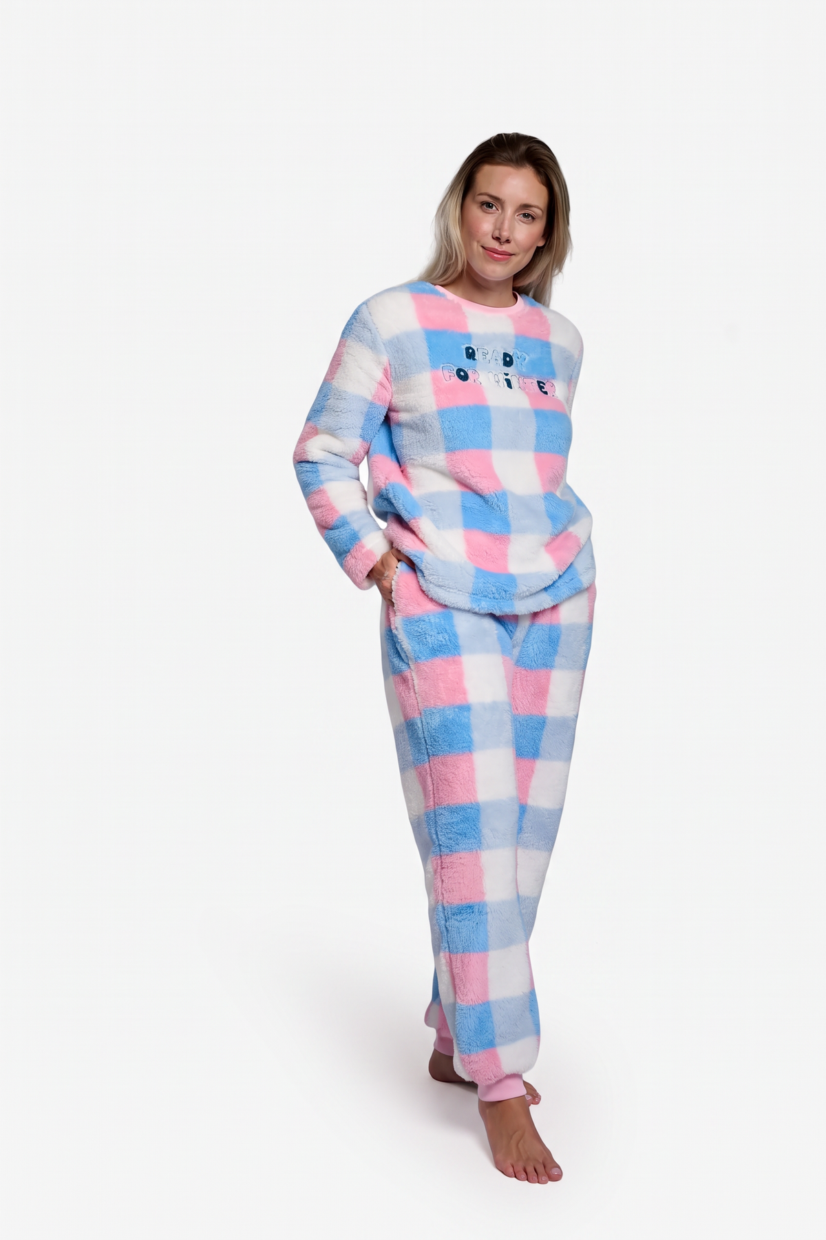 Pijama comprido de mulher polar sherpa aos quadrados