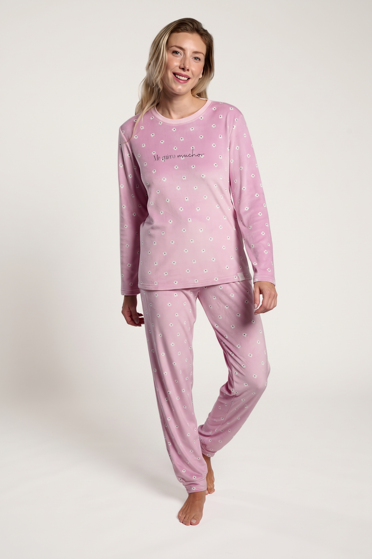 Pijama comprido de mulher em veludo rosa estampado