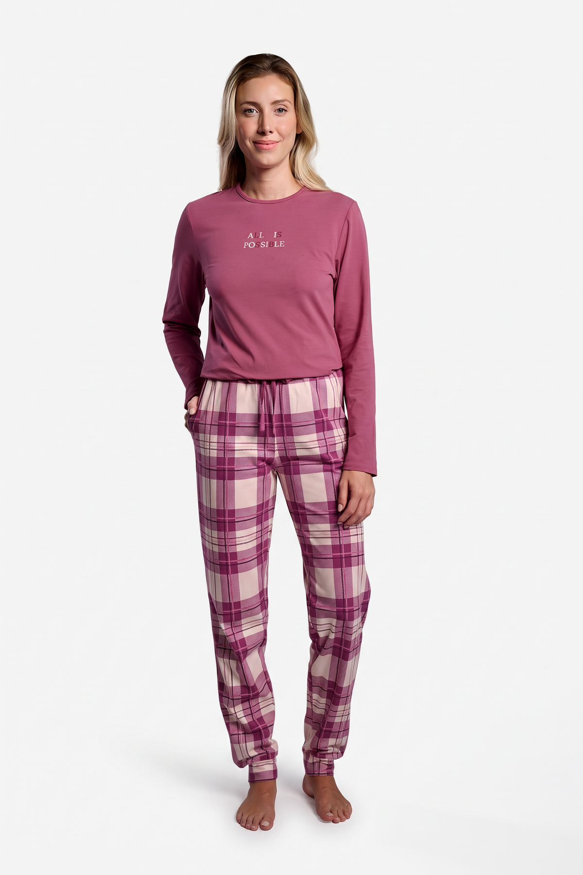 Pijama comprido de mulher camisola de algodão e calças de flanela aos quadrados