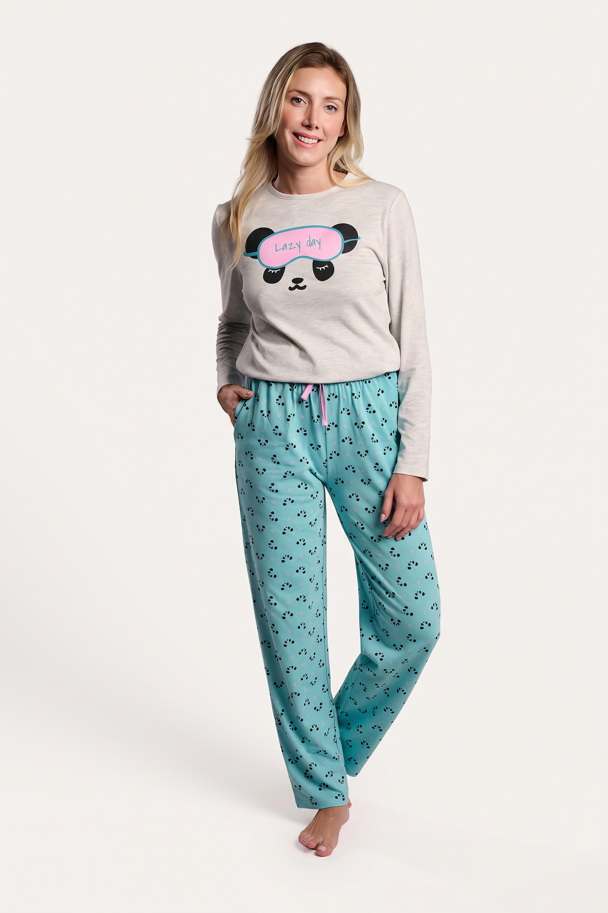 Pijama comprido de mulher em algodão estampado de pandas