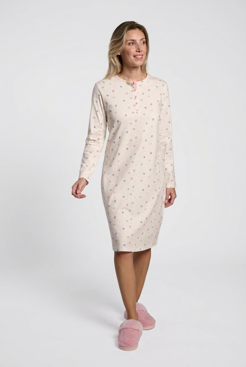 Camisa de dormir de mulher em algodão às bolinhas